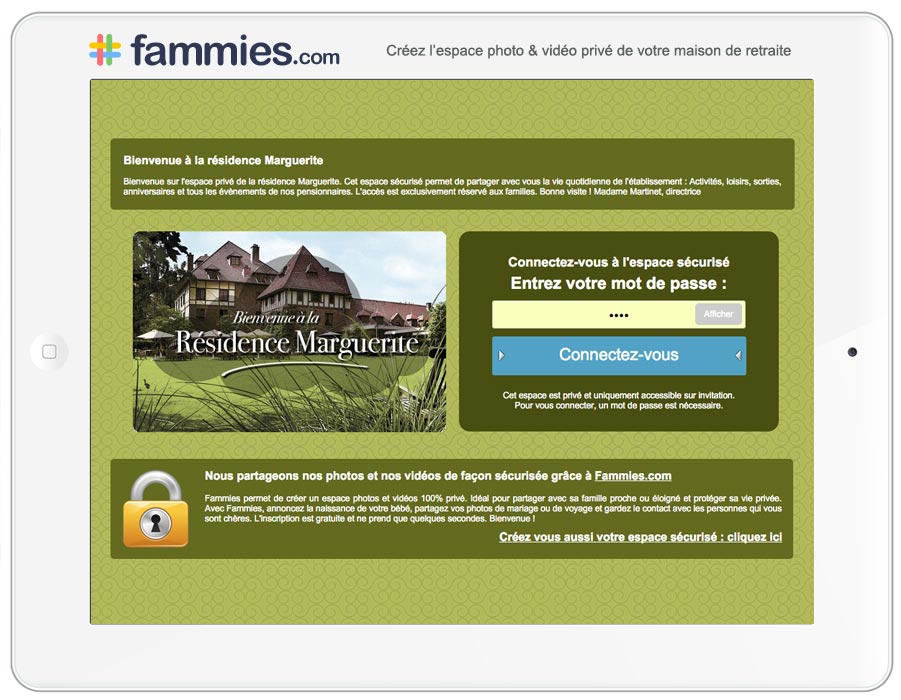 Site privé pour Maison de retraite : Les familles cliquent sur l'invitation et doivent entrer leur mot de passe pour se connecter :